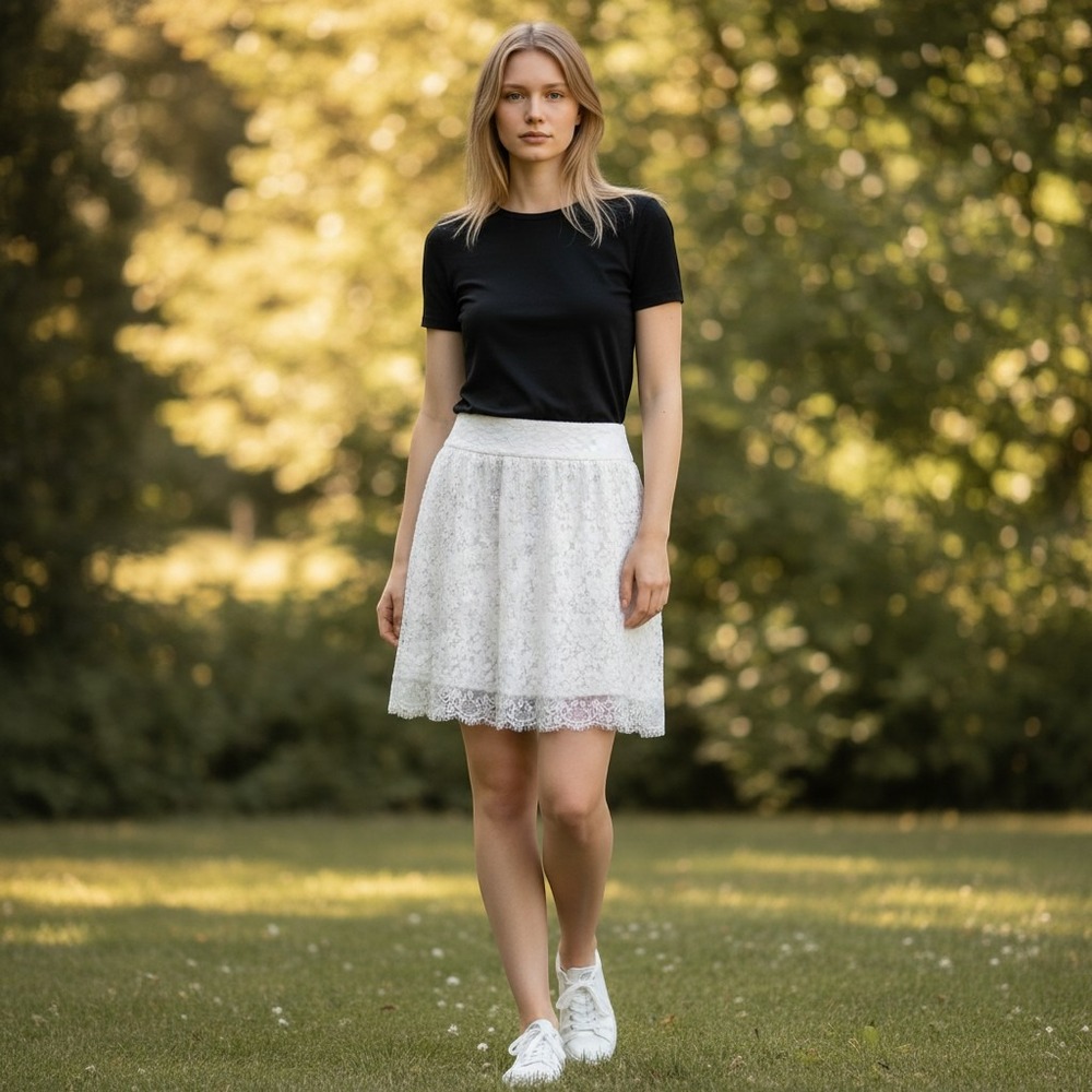 White Floral Lace Mini Skirt Romantic Cottagecore Short Skirt M/#26787